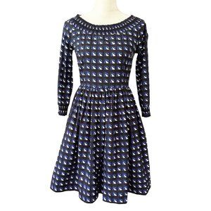 PRADA Smocked Fit & Flare Dress Blue Black Geometric Print